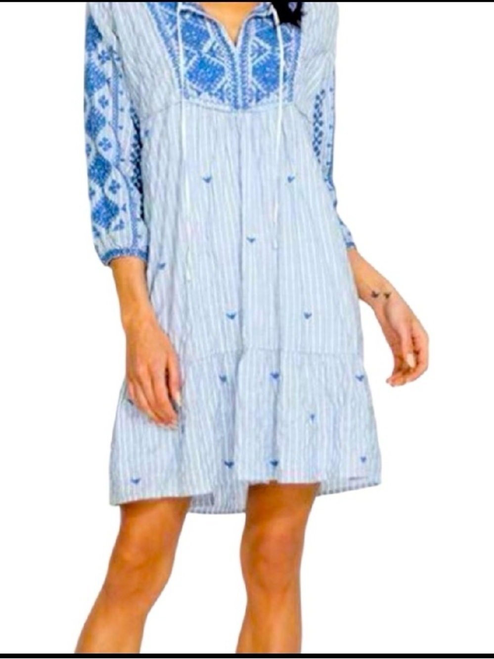 Johnny Was Blue and White Embroidered Boho Tunic dress so cool & comfy